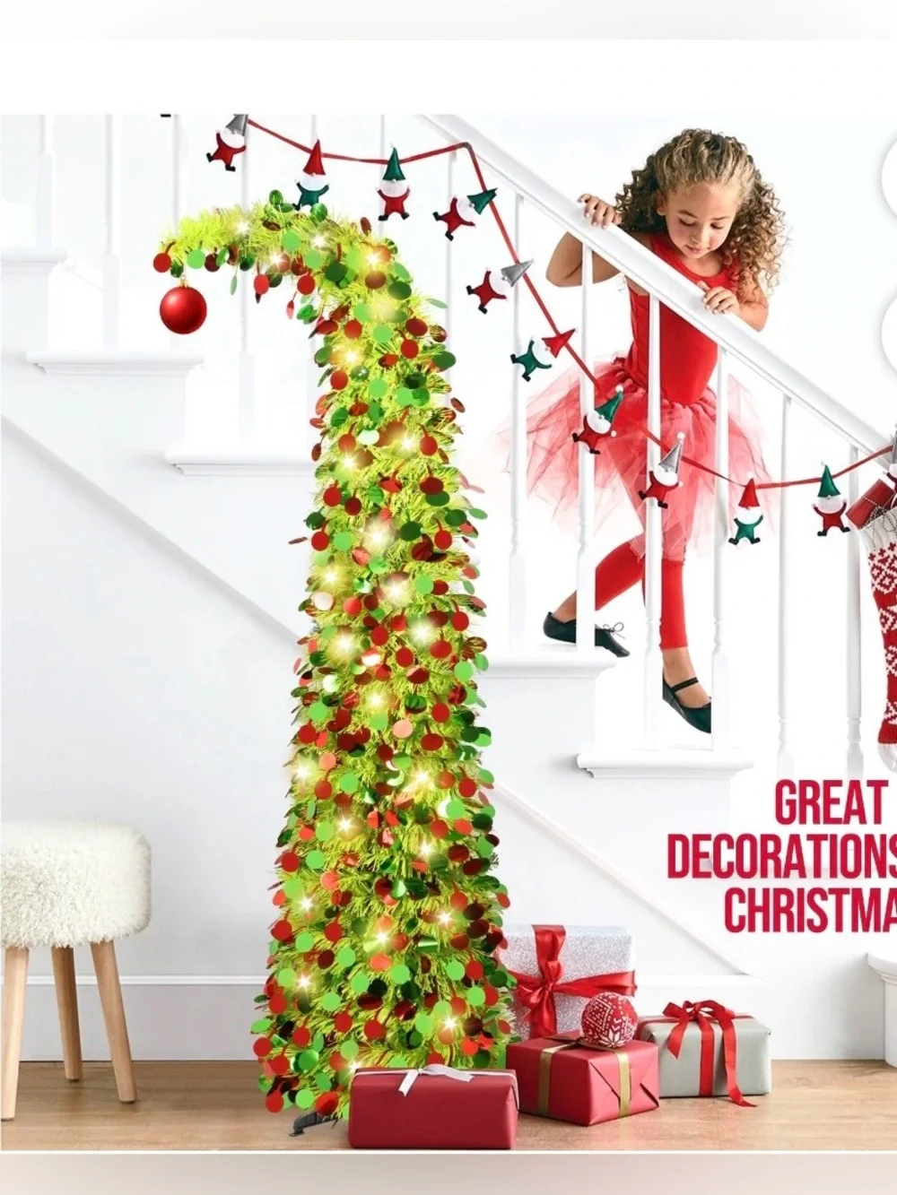 Grinch Tree 5ft Pencil Christmas Tree, Collapsible Xmas Tree with Lights